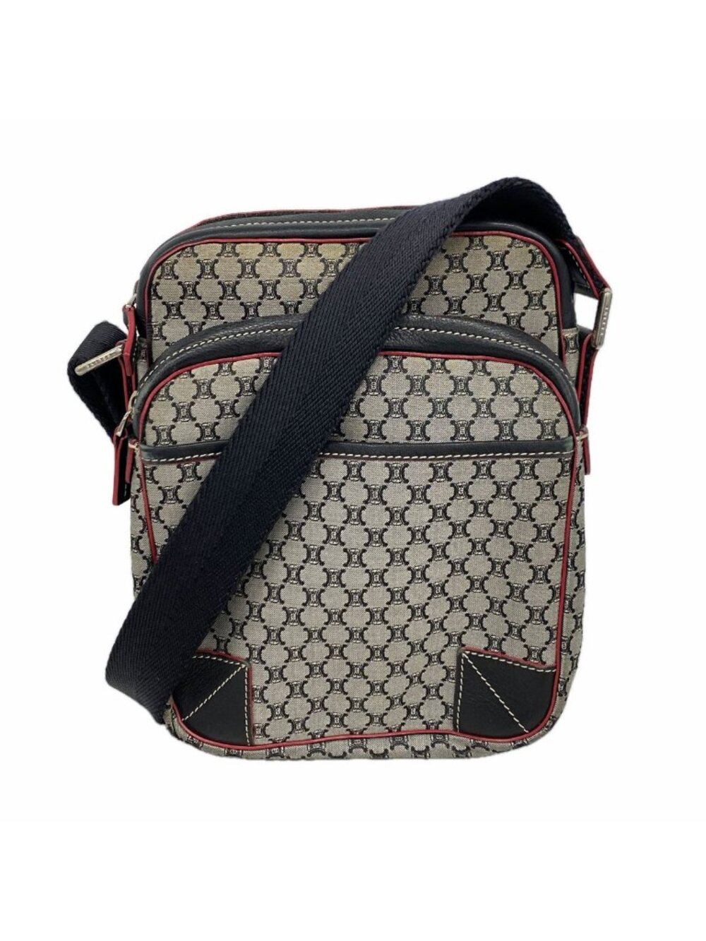Celine Shoulder Bag Macadam Nylon Canvas Black Red Silver